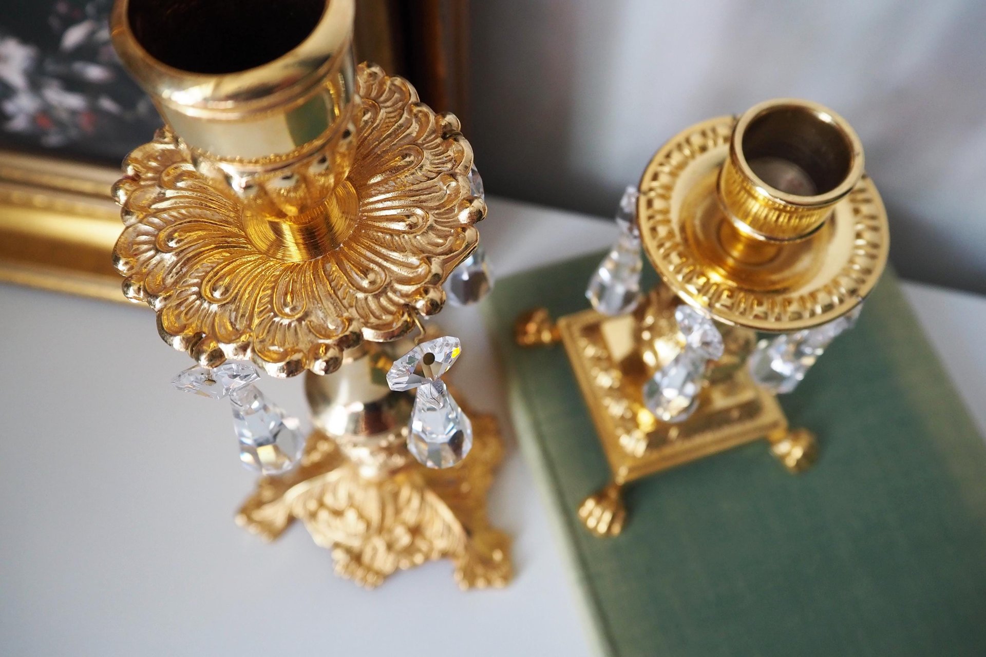 Vintage candlestick holders | Gold plated crystal candlestick holders | Mismatched vintage candlestick holders | Crystal candlestick holder
