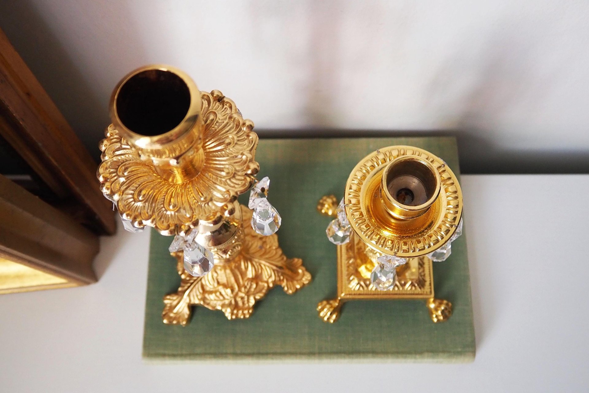 Vintage candlestick holders | Gold plated crystal candlestick holders | Mismatched vintage candlestick holders | Crystal candlestick holder
