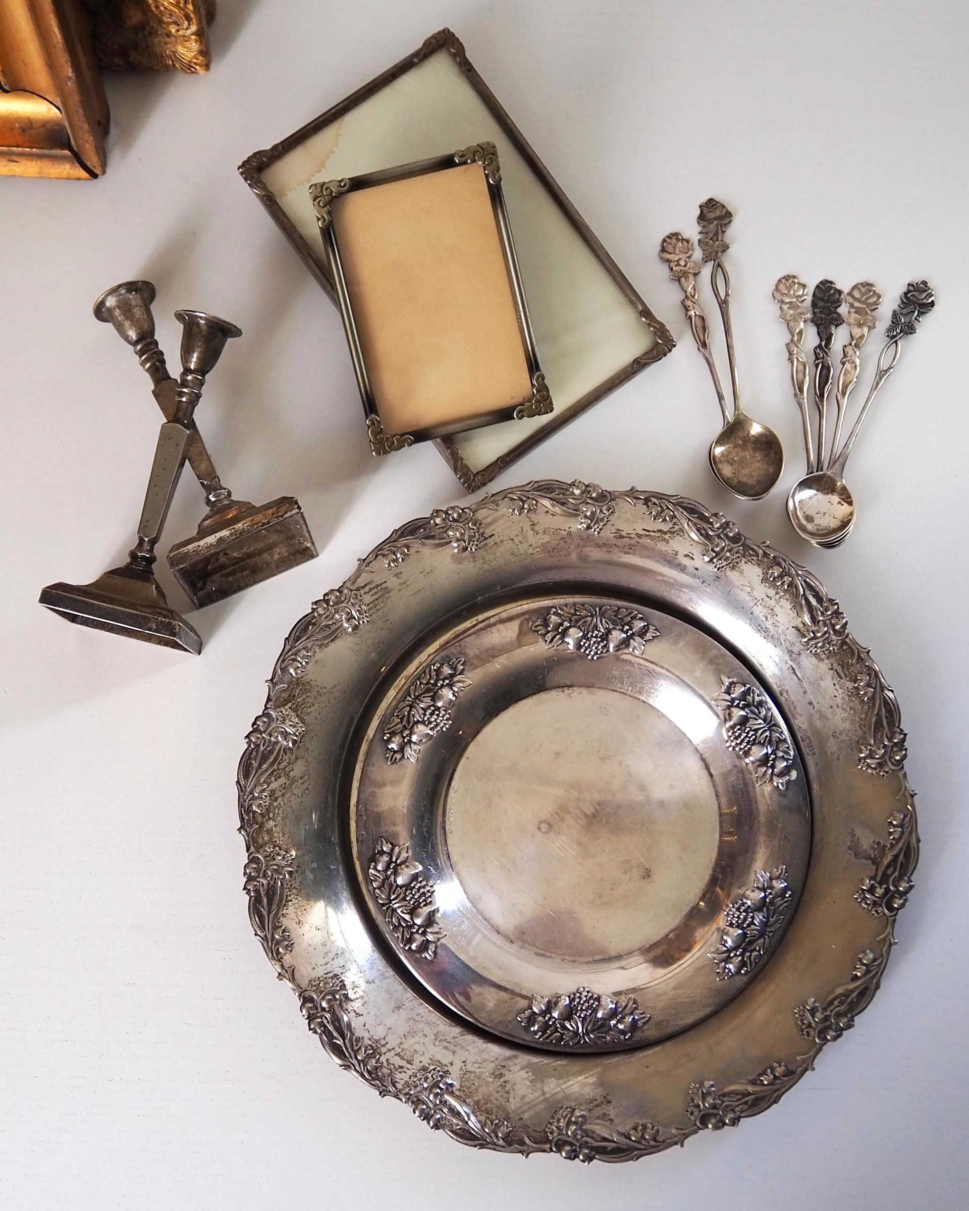 Vintage silver plated home decor set | Alpacca silver spoons and plates | Vintage home accessories | Candlestick holders and photo frames