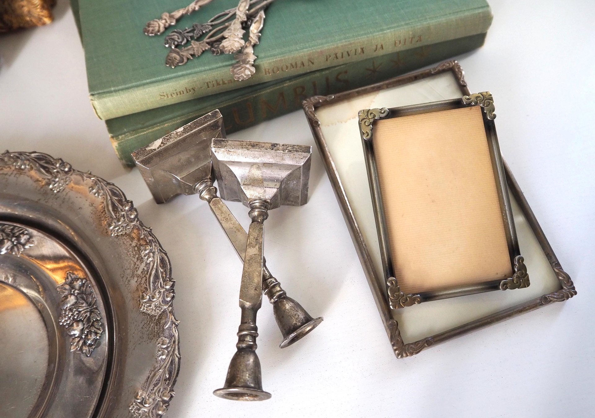 Vintage silver plated home decor set | Alpacca silver spoons and plates | Vintage home accessories | Candlestick holders and photo frames