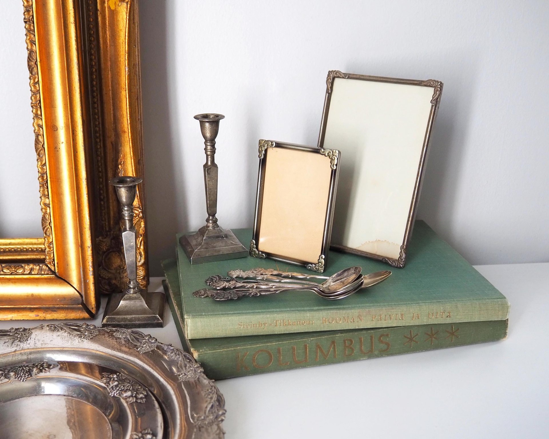 Vintage silver plated home decor set | Alpacca silver spoons and plates | Vintage home accessories | Candlestick holders and photo frames