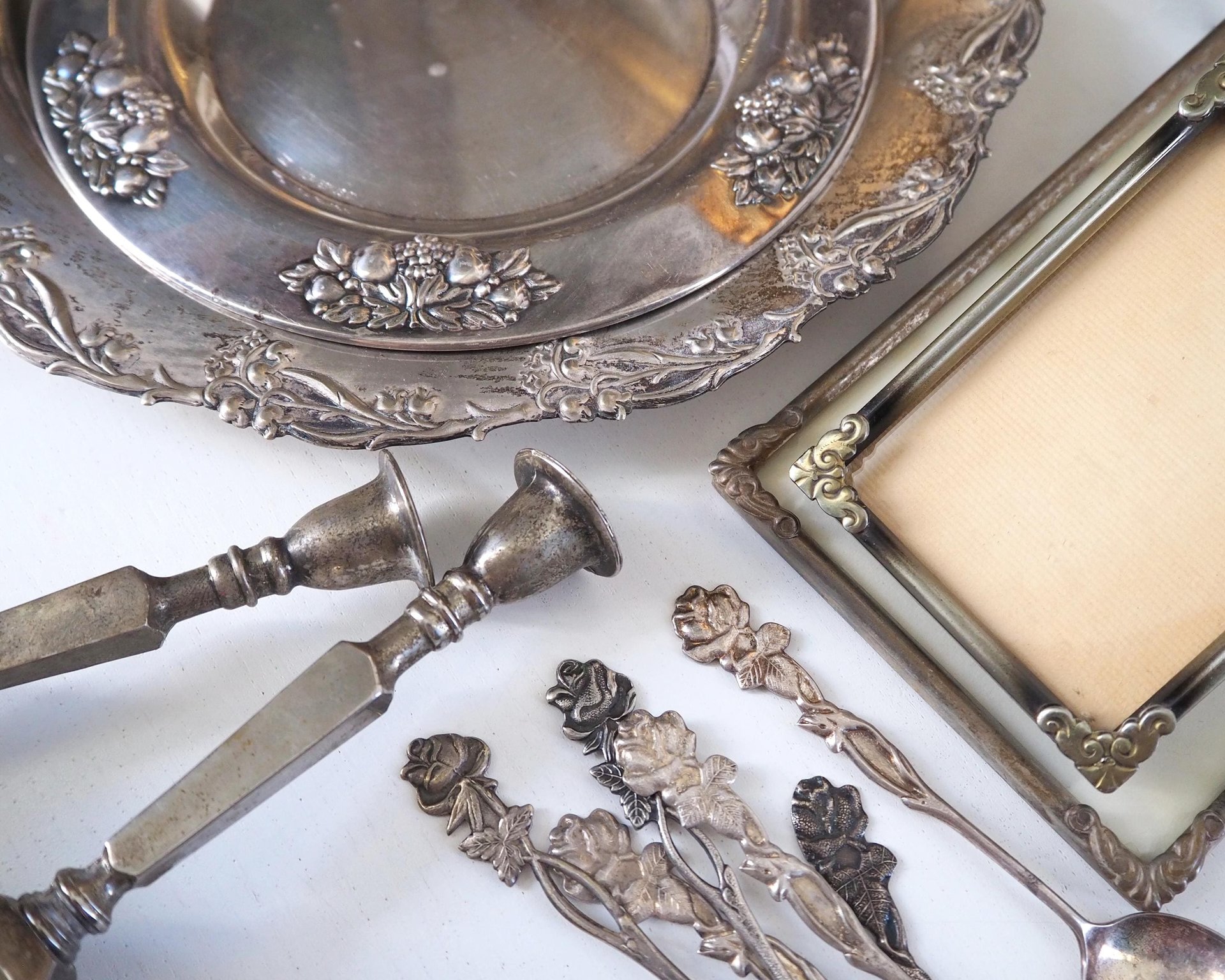 Vintage silver plated home decor set | Alpacca silver spoons and plates | Vintage home accessories | Candlestick holders and photo frames