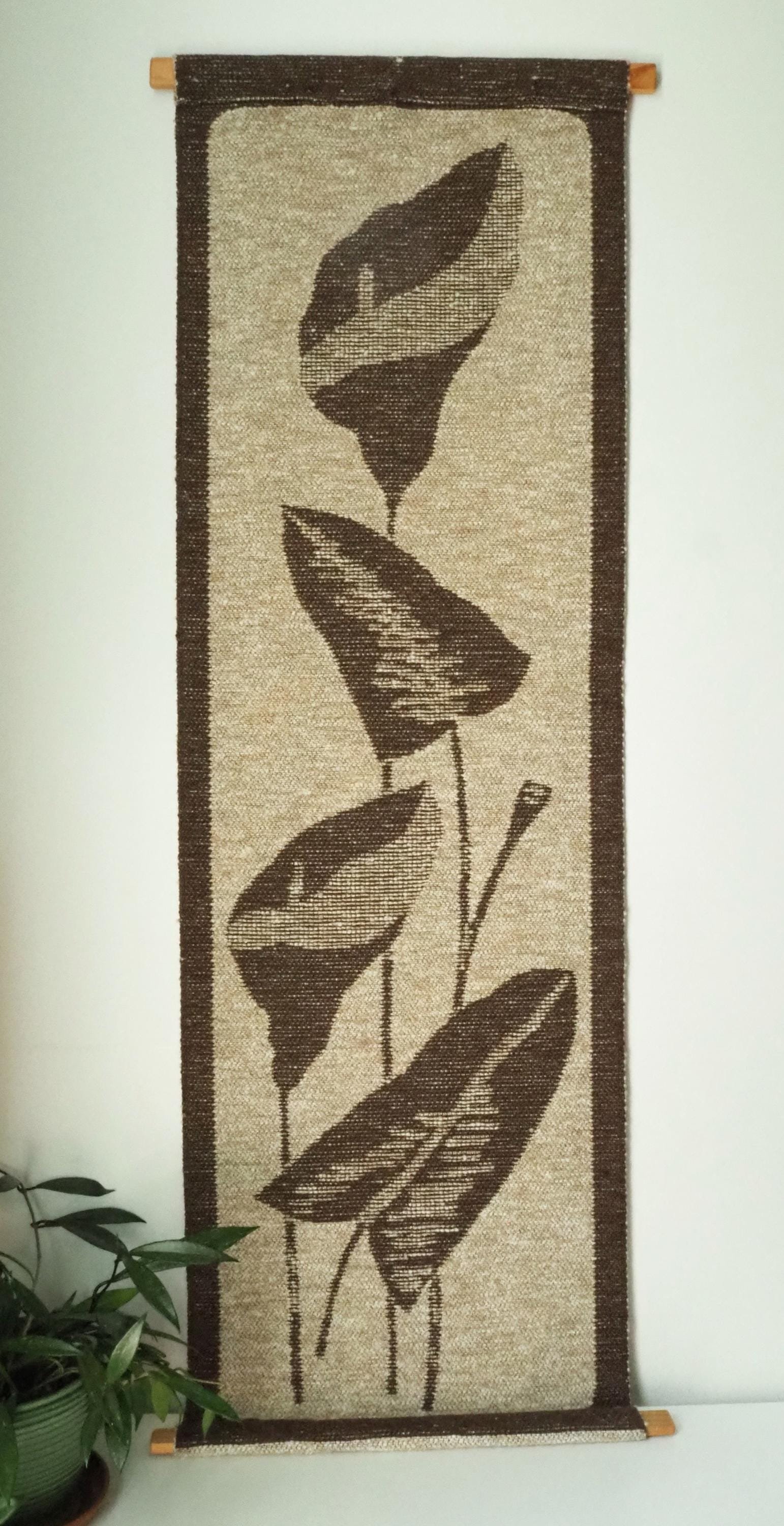 Vintage wall hanging | Long wall hanging | Scandinavian woven textile | Brown and beige wall hanging | Retro wall hanging