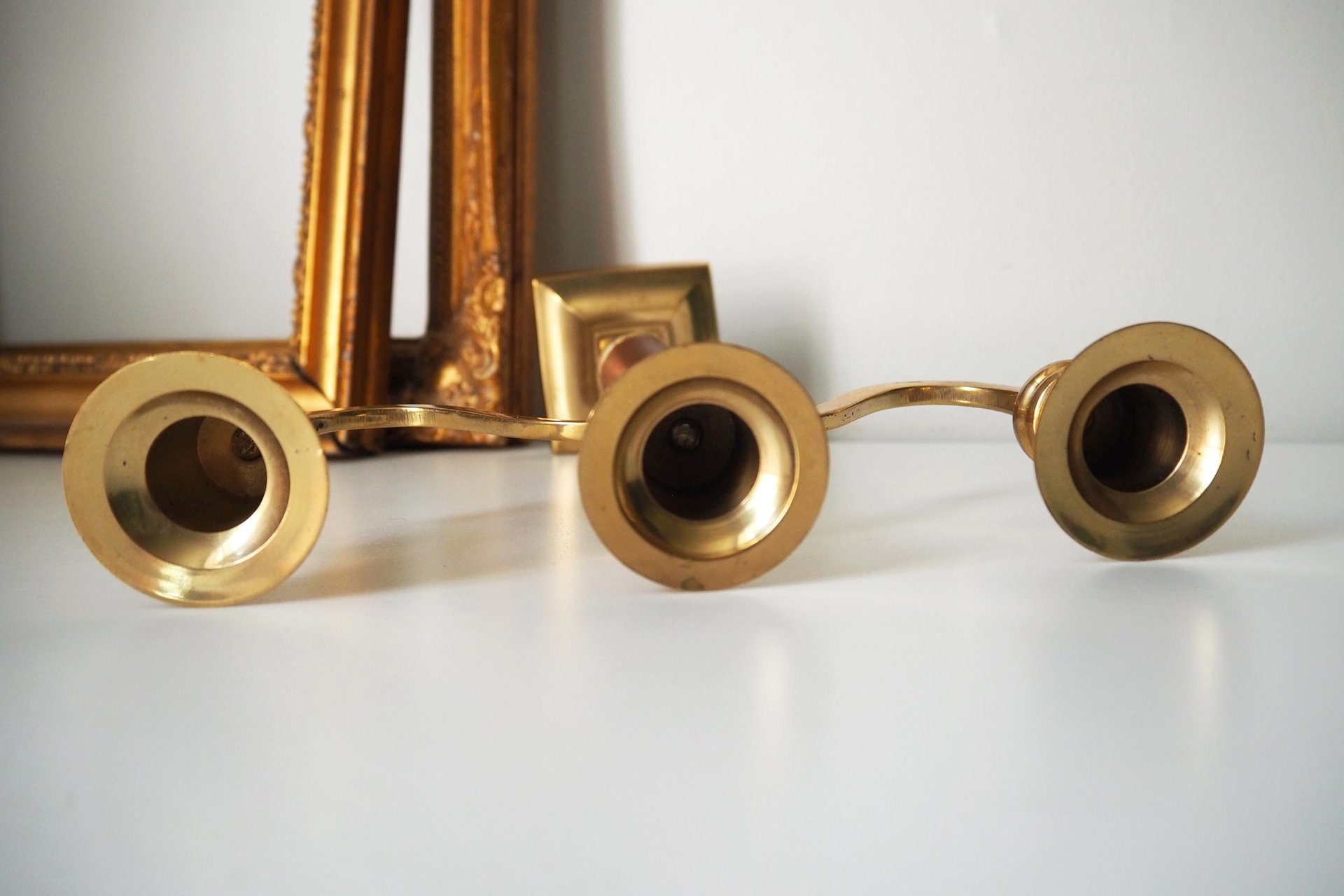 Vintage brass candelabra | Brass and wood candelabra | Three arm brass candlestick holder | Three arm candelabrum