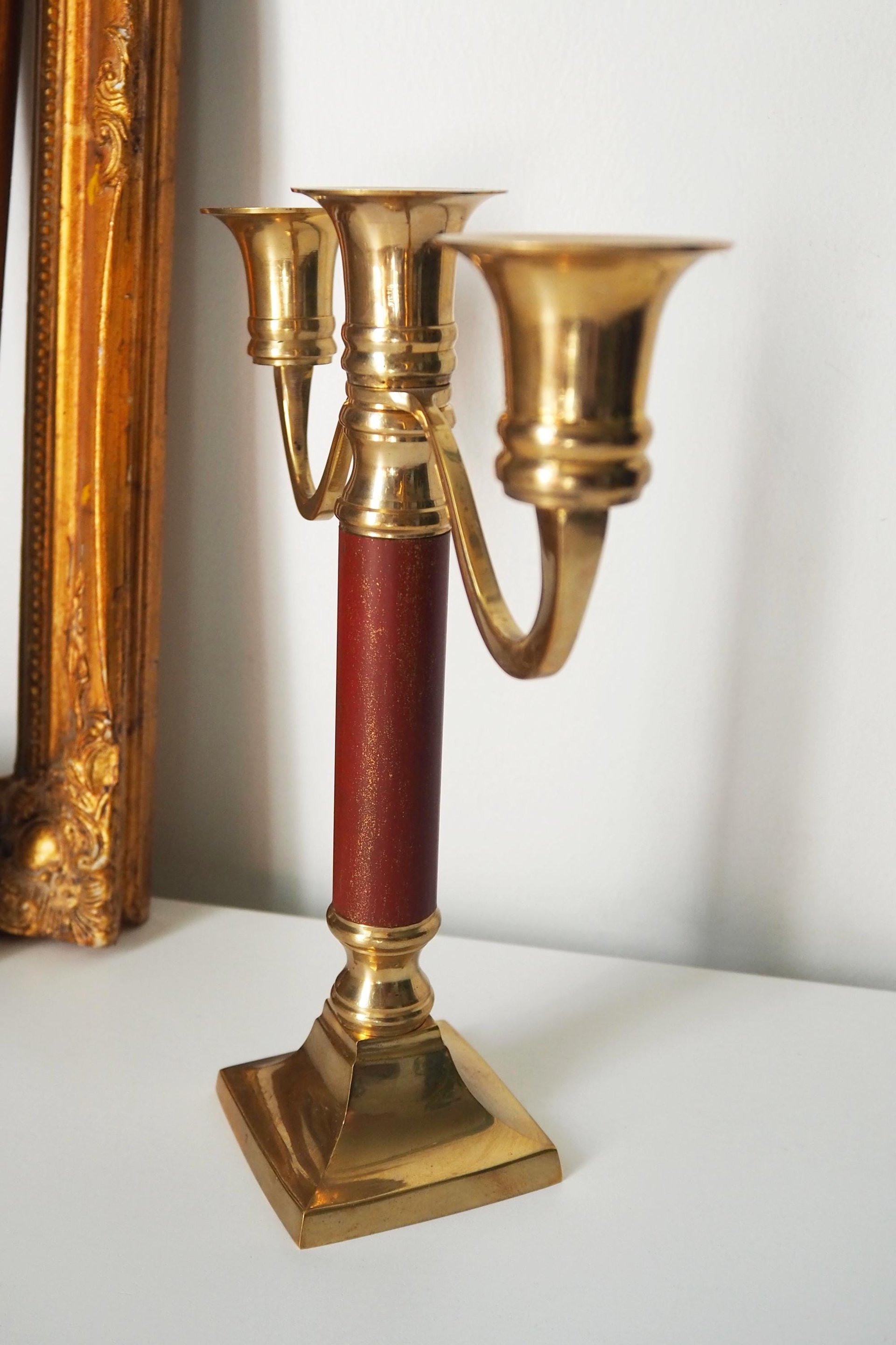 Vintage brass candelabra | Brass and wood candelabra | Three arm brass candlestick holder | Three arm candelabrum