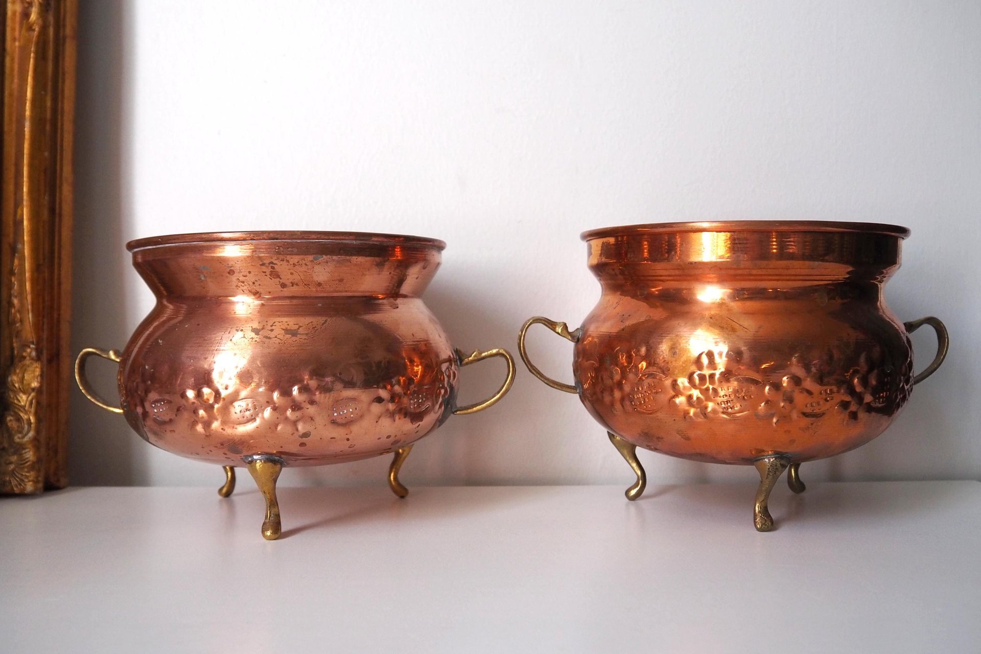 Set of two vintage copper planters | Matching copper planters | Round copper planters | Vintage planters with handles