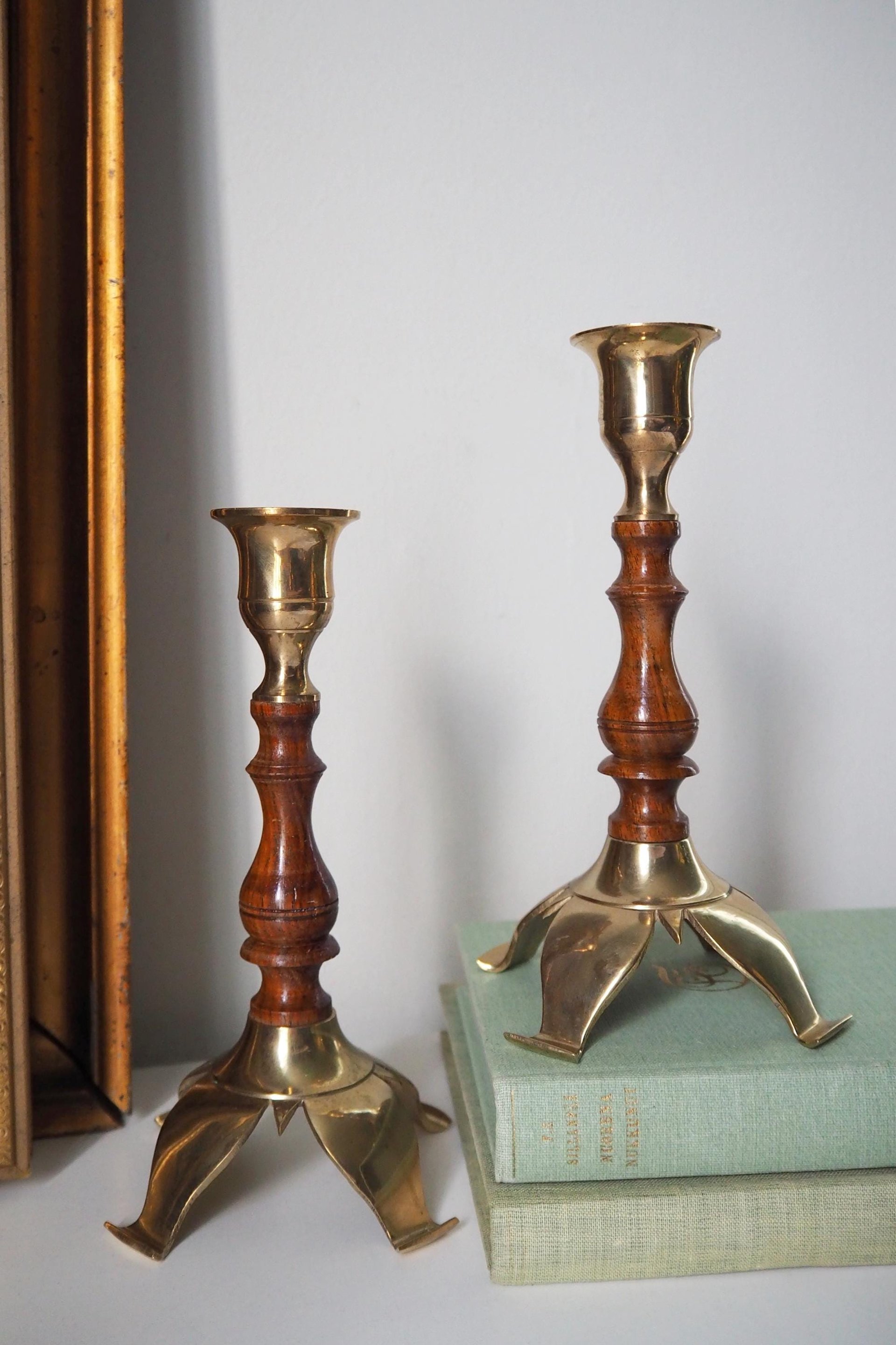 Pair of vintage candlestick holders | Brass and wood candlesticks | Vintage brass and wood candlestick holders