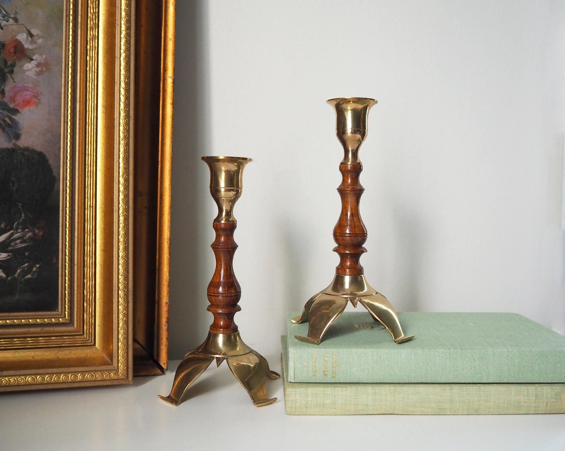 Pair of vintage candlestick holders | Brass and wood candlesticks | Vintage brass and wood candlestick holders