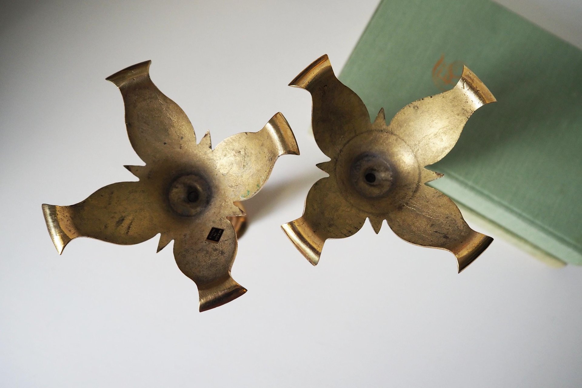 Pair of vintage candlestick holders | Brass and wood candlesticks | Vintage brass and wood candlestick holders