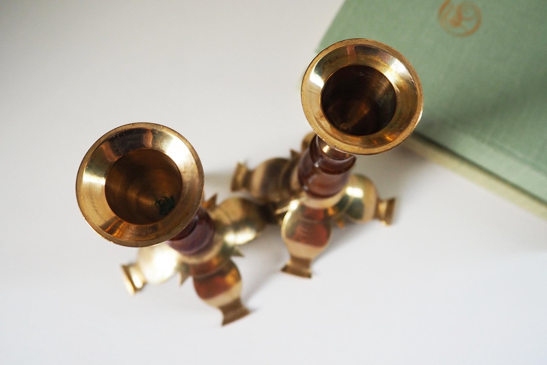 Pair of vintage candlestick holders | Brass and wood candlesticks | Vintage brass and wood candlestick holders