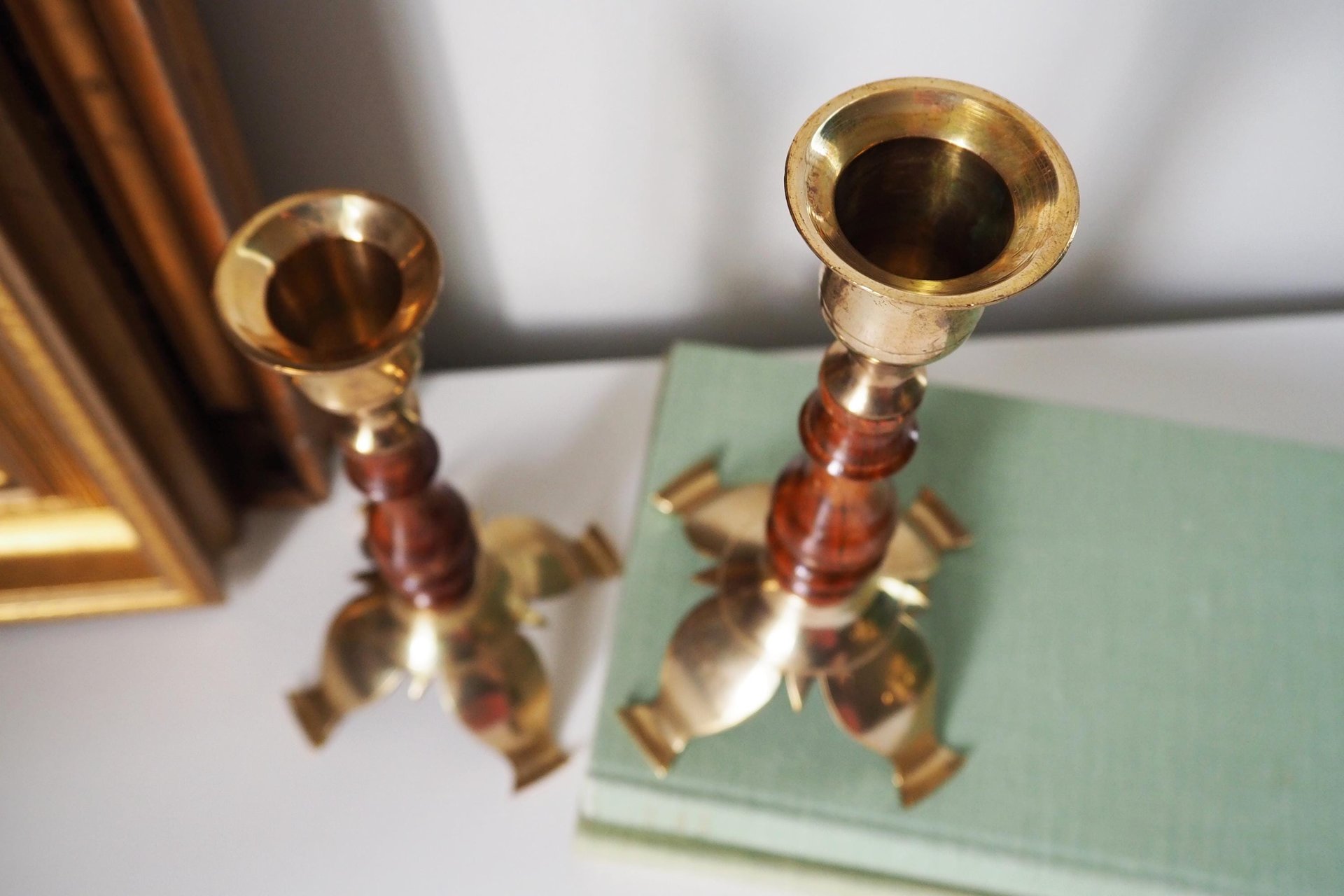Pair of vintage candlestick holders | Brass and wood candlesticks | Vintage brass and wood candlestick holders