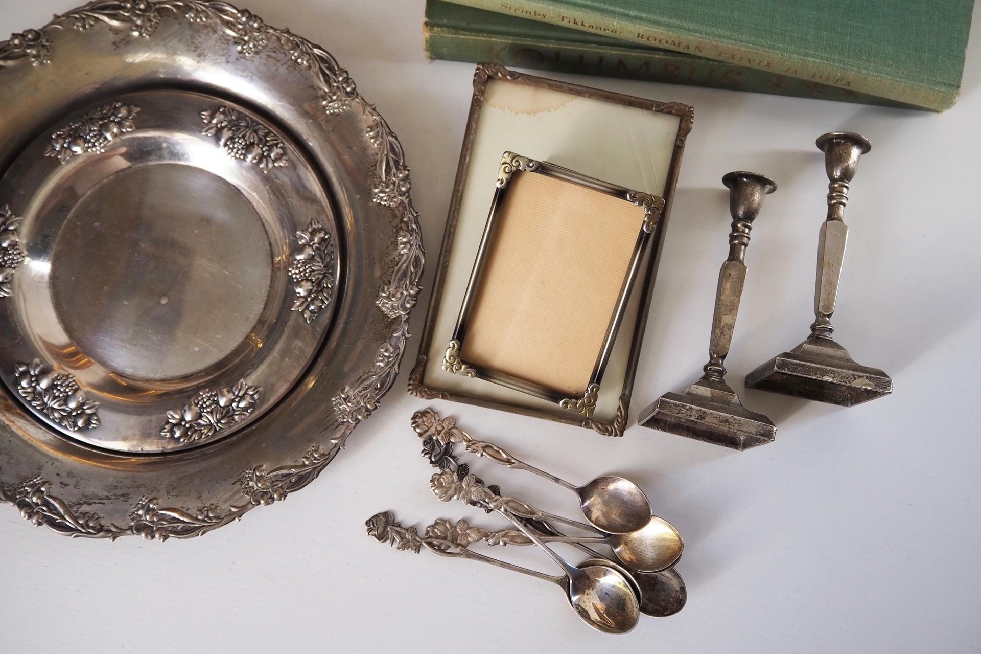 Vintage silver plated home decor set | Alpacca silver spoons and plates | Vintage home accessories | Candlestick holders and photo frames