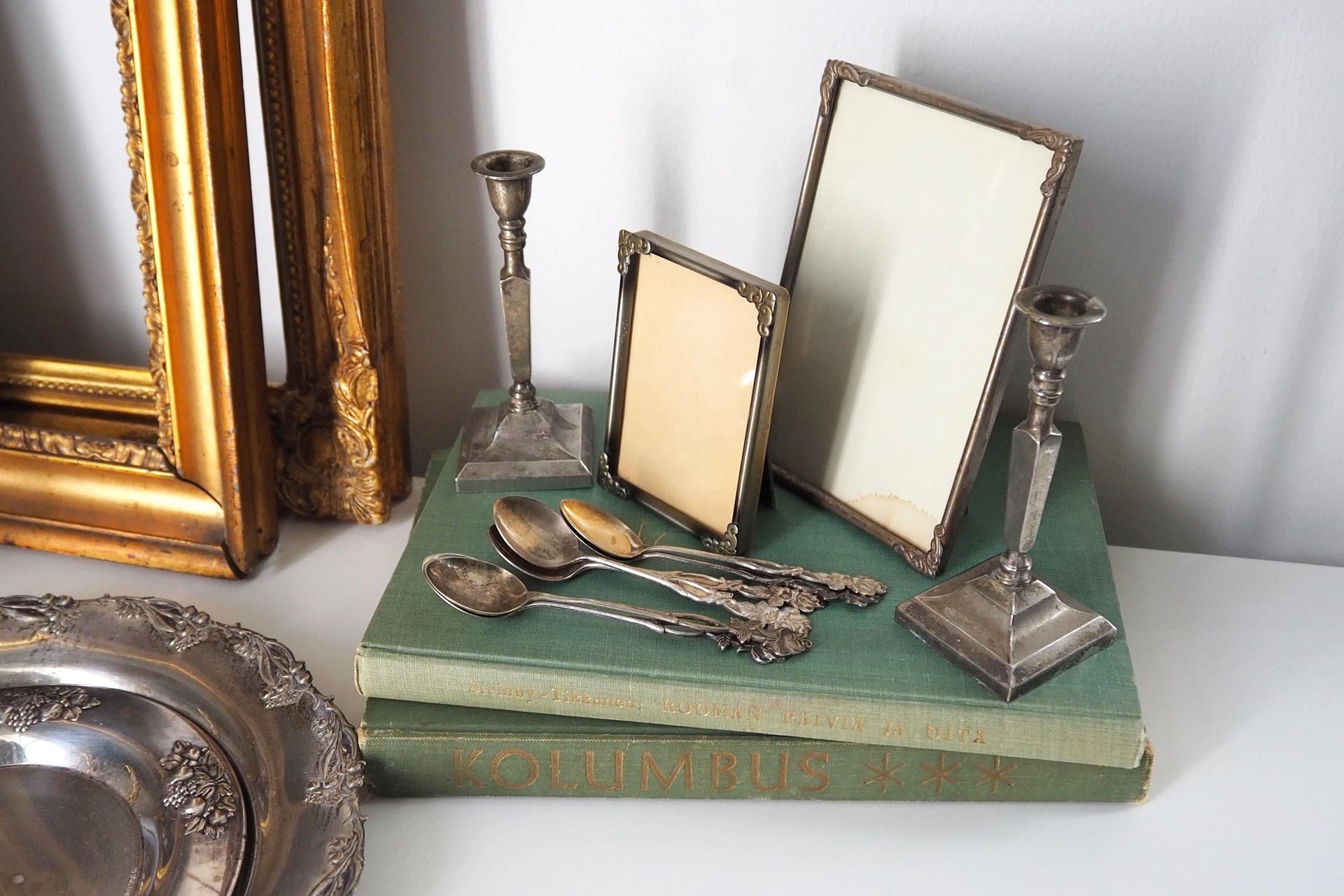 Vintage silver plated home decor set | Alpacca silver spoons and plates | Vintage home accessories | Candlestick holders and photo frames