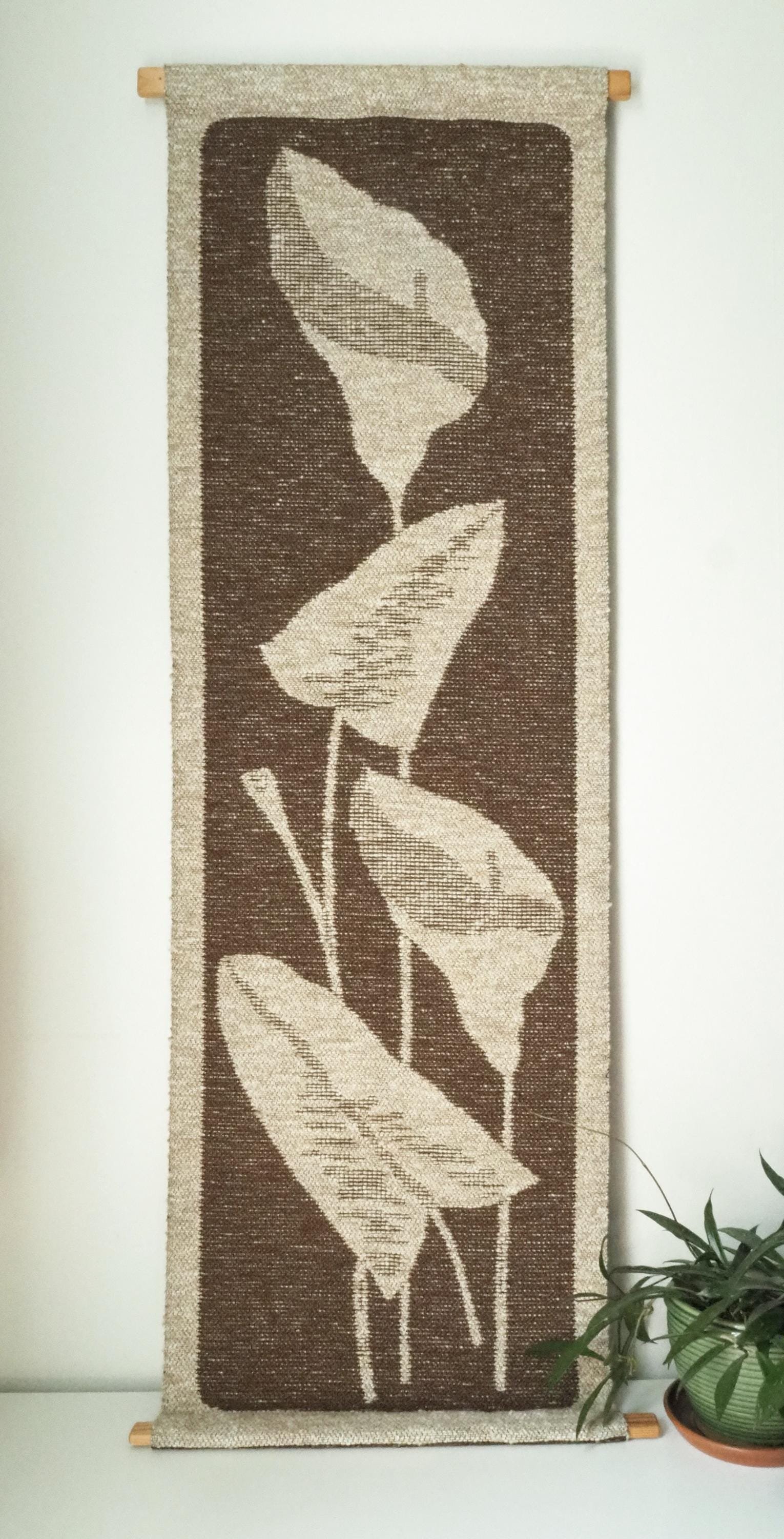 Vintage wall hanging | Long wall hanging | Scandinavian woven textile | Brown and beige wall hanging | Retro wall hanging