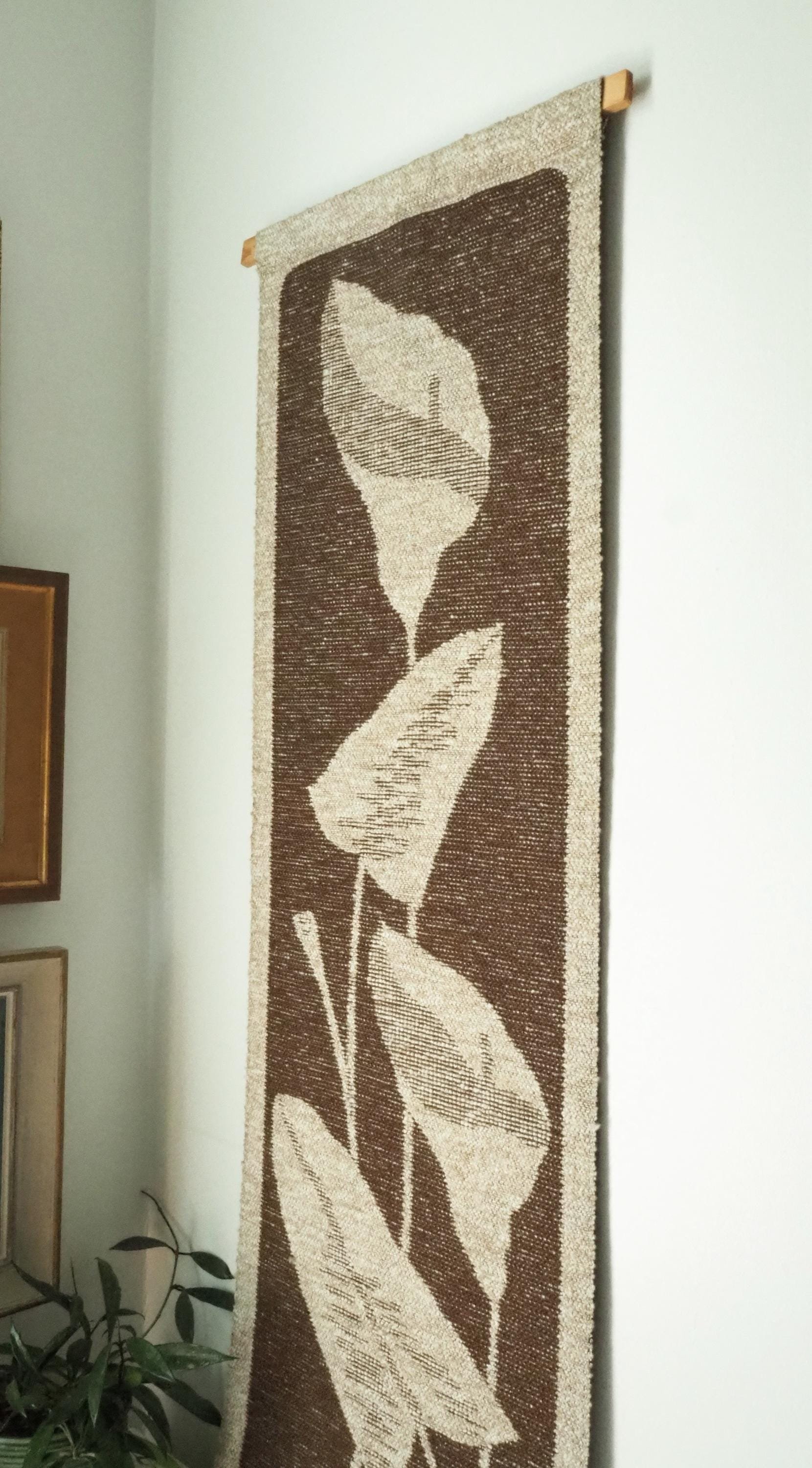 Vintage wall hanging | Long wall hanging | Scandinavian woven textile | Brown and beige wall hanging | Retro wall hanging