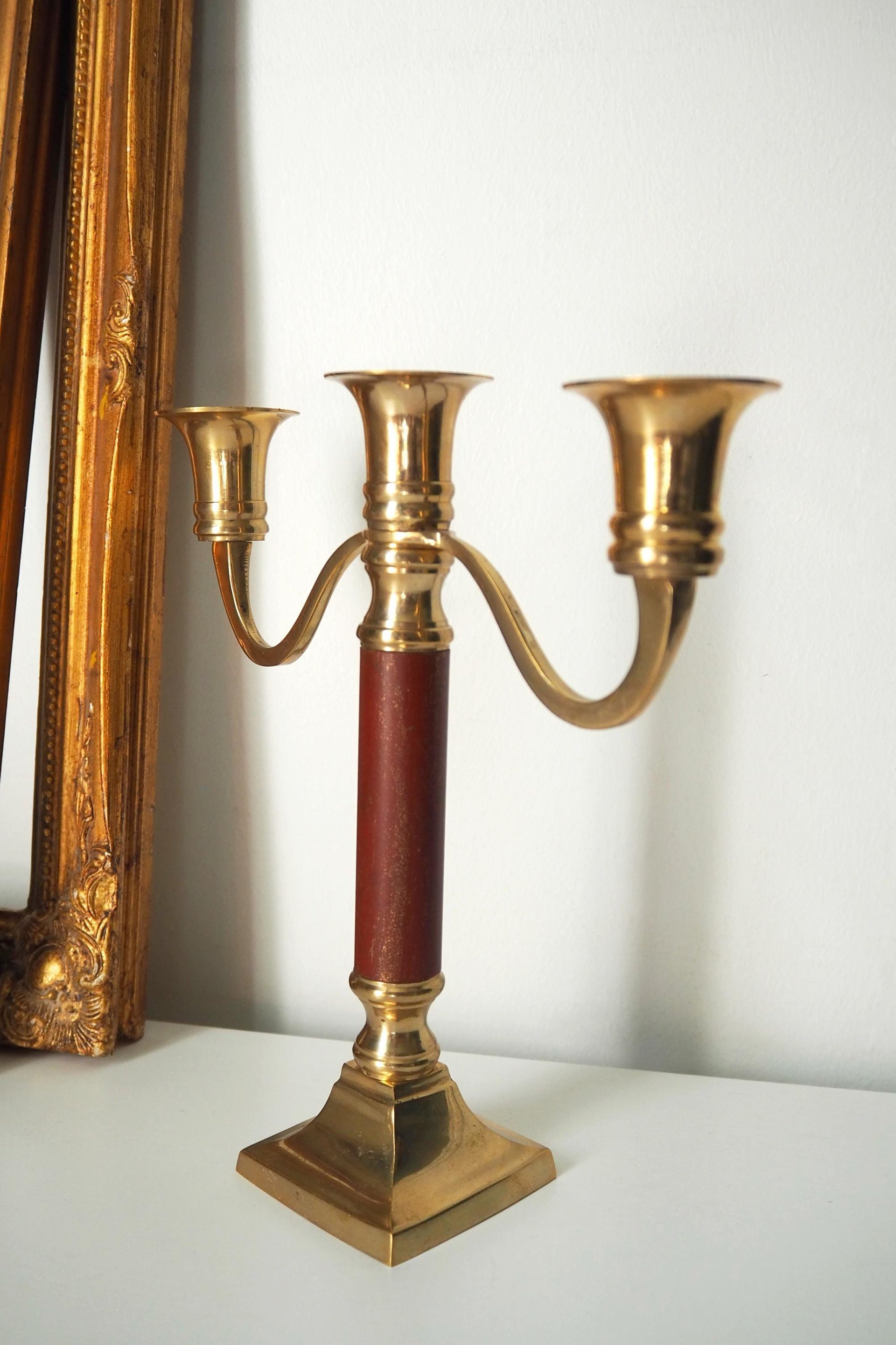 Vintage brass candelabra | Brass and wood candelabra | Three arm brass candlestick holder | Three arm candelabrum