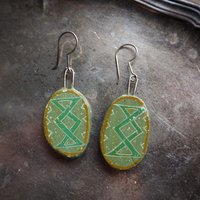 Vintage earrings | Green handpainted earrings | Ceramic dangle earrings