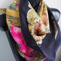 Vintage silk scarf | Silk scarf with roses | Large vintage silk scarf