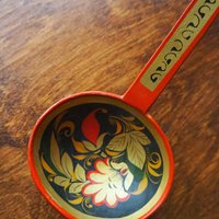 Vintage Khokhloma scoops | Vintage handpainted wooden scoops | Russian wooden ladles | Vintage Khokhloma ladles