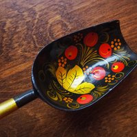 Vintage Khokhloma scoops | Vintage handpainted wooden scoops | Russian wooden ladles | Vintage Khokhloma ladles