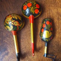 Vintage Khokhloma scoops | Vintage handpainted wooden scoops | Russian wooden ladles | Vintage Khokhloma ladles