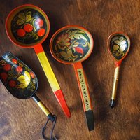 Vintage Khokhloma scoops | Vintage handpainted wooden scoops | Russian wooden ladles | Vintage Khokhloma ladles