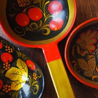 Vintage Khokhloma scoops | Vintage handpainted wooden scoops | Russian wooden ladles | Vintage Khokhloma ladles