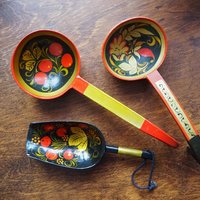 Vintage Khokhloma scoops | Vintage handpainted wooden scoops | Russian wooden ladles | Vintage Khokhloma ladles