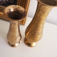 Set of two vintage brass vases | Etched brass vases | Vintage bud vase | Vintage single flower vases | Vintage brass vases