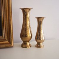 Set of two vintage brass vases | Etched brass vases | Vintage bud vase | Vintage single flower vases | Vintage brass vases