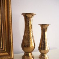 Set of two vintage brass vases | Etched brass vases | Vintage bud vase | Vintage single flower vases | Vintage brass vases