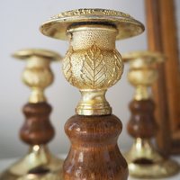 Set of three vintage candlestick holders | Gold plated candle holders | Vintage gold and wood candle holders | Made in England
