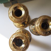 Set of three vintage candlestick holders | Gold plated candle holders | Vintage gold and wood candle holders | Made in England