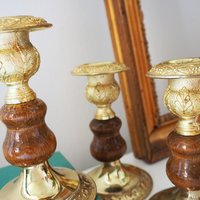 Set of three vintage candlestick holders | Gold plated candle holders | Vintage gold and wood candle holders | Made in England