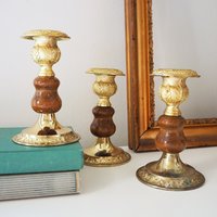 Set of three vintage candlestick holders | Gold plated candle holders | Vintage gold and wood candle holders | Made in England