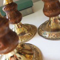 Set of three vintage candlestick holders | Gold plated candle holders | Vintage gold and wood candle holders | Made in England