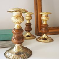 Set of three vintage candlestick holders | Gold plated candle holders | Vintage gold and wood candle holders | Made in England