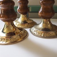 Set of three vintage candlestick holders | Gold plated candle holders | Vintage gold and wood candle holders | Made in England