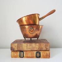 Set of two vintage copper planters | Vintage planters | Footed copper planters | Copper planter with handle | Hammered copper planters