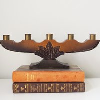 Vintage wooden candelabra | Wooden candelabra | Five arm wooden candlestick holder