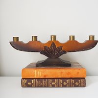 Vintage wooden candelabra | Wooden candelabra | Five arm wooden candlestick holder