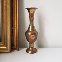 Vintage brass vase | Etched brass vase | Vintage single flower vase | Tall brass vase | Vintage vase