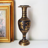 Vintage brass vase | Large vintage vase | Black brass vase | Etched floral brass vase black