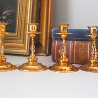 Set of four vintage candlestick holders | Gold plated crystal candlestick holders | Small gold plated candlestick holders | Turun Kristalli