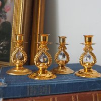 Set of four vintage candlestick holders | Gold plated crystal candlestick holders | Small gold plated candlestick holders | Turun Kristalli