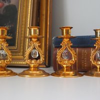 Set of four vintage candlestick holders | Gold plated crystal candlestick holders | Small gold plated candlestick holders | Turun Kristalli