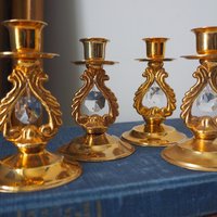 Set of four vintage candlestick holders | Gold plated crystal candlestick holders | Small gold plated candlestick holders | Turun Kristalli