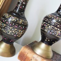 Set of two vintage vases | Brass vases | Matching vintage vases | Etched brass and black vases | Pastel vases