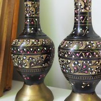 Set of two vintage vases | Brass vases | Matching vintage vases | Etched brass and black vases | Pastel vases