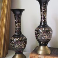 Set of two vintage vases | Brass vases | Matching vintage vases | Etched brass and black vases | Pastel vases